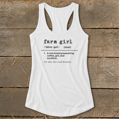 White tank top with "farm girl" definition print about coffee, grit, and sunshine.