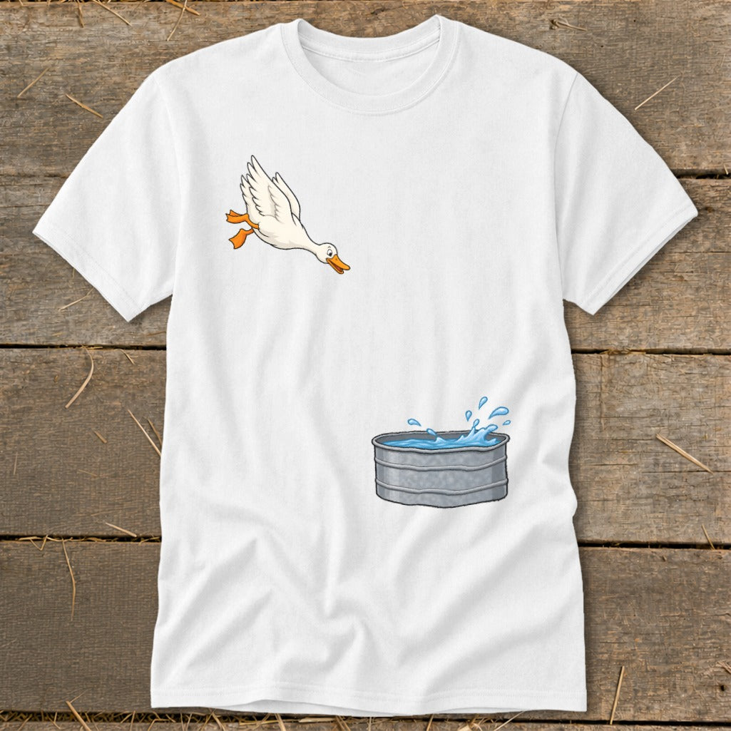 White t-shirt with cartoon duck jumping into a galvanized water trough.