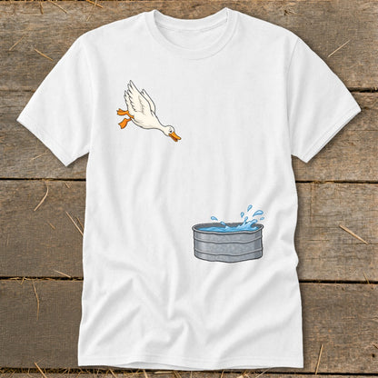 White t-shirt with cartoon duck jumping into a galvanized water trough.
