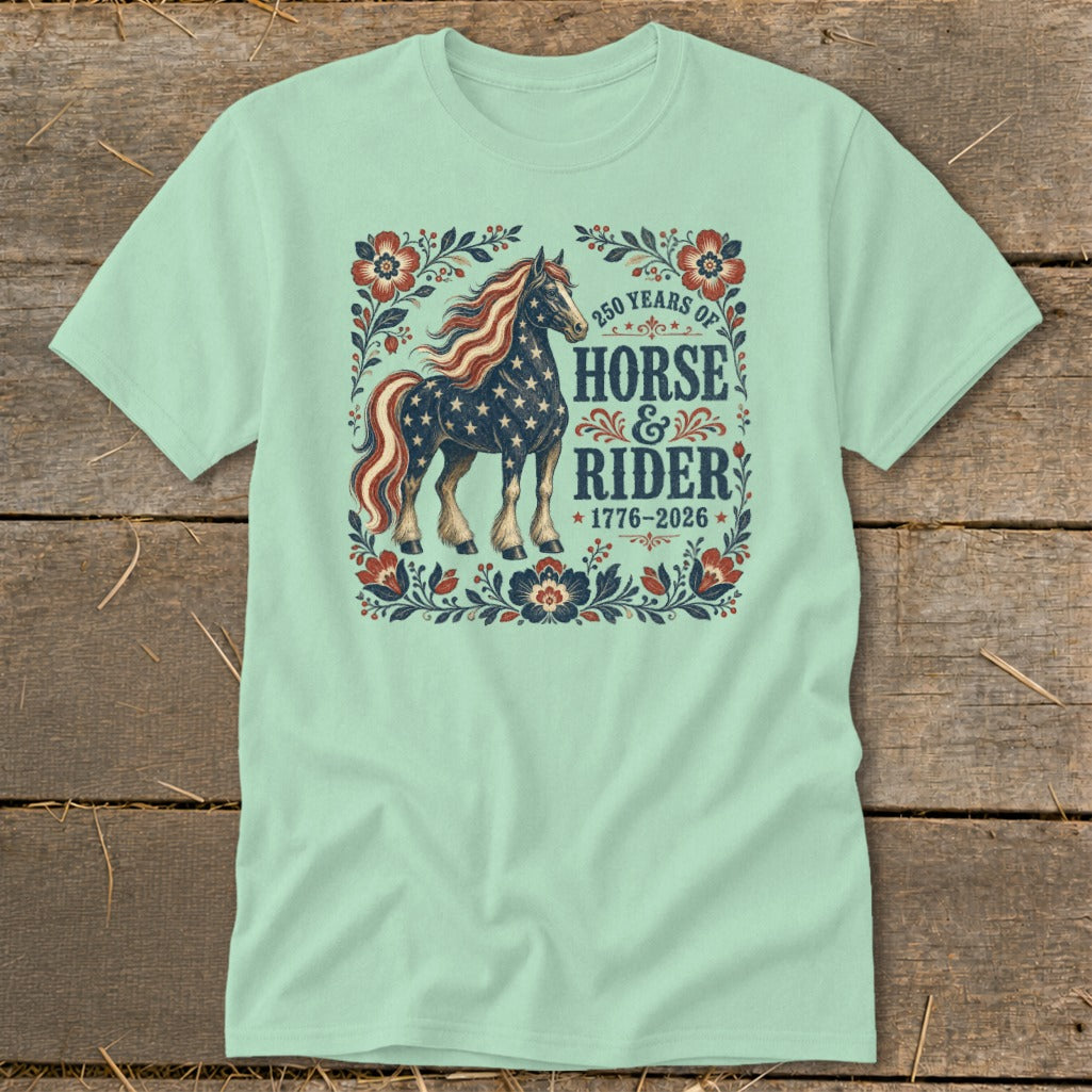 Light mint t-shirt with patriotic horse and rider graphic and text.