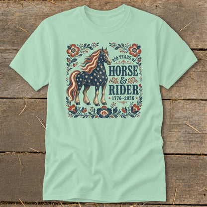 Light mint t-shirt with patriotic horse and rider graphic and text.