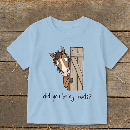 Cartoon horse peeking from behind a wooden gate, text "did you bring treats?".