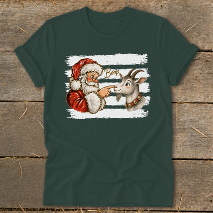Santa boops a goat on the nose with the word "Boop" above them.