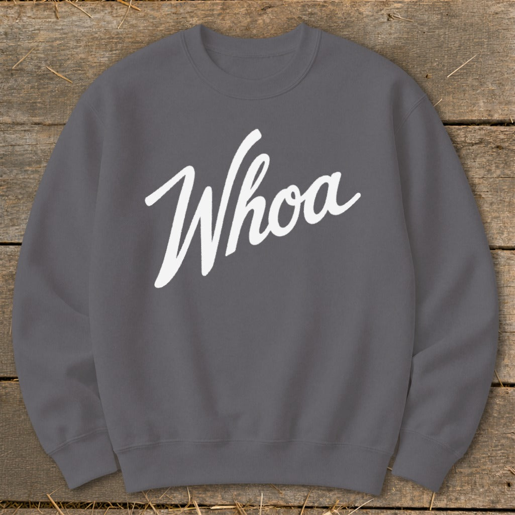 Grey sweatshirt with white "Whoa" script text on a wooden background.