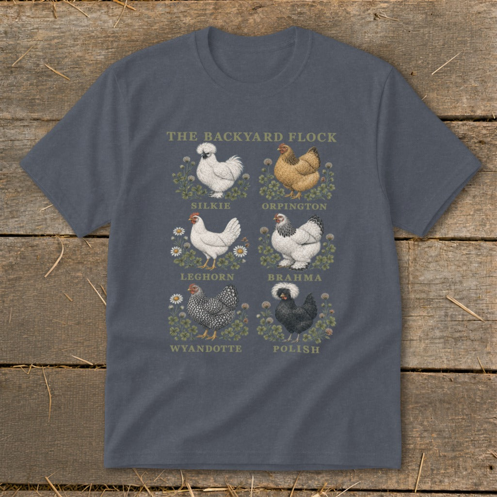 T-shirt graphic of six chicken breeds: Silkie, Orpington, Leghorn, Brahma, Wyandotte, and Polish.