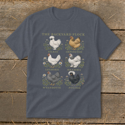 T-shirt graphic of six chicken breeds: Silkie, Orpington, Leghorn, Brahma, Wyandotte, and Polish.