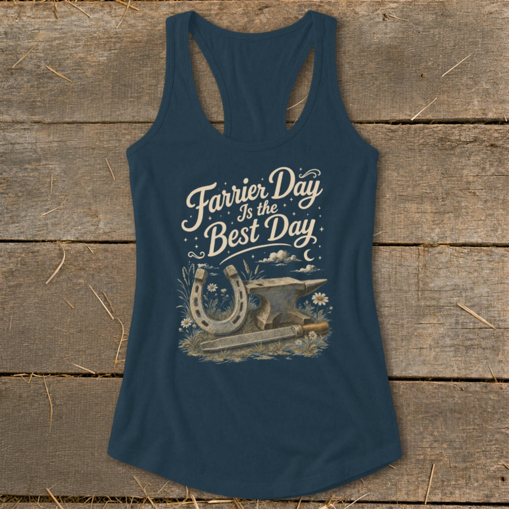 Navy tank top with horseshoe, anvil, file, and text "Farrier Day Is the Best Day."