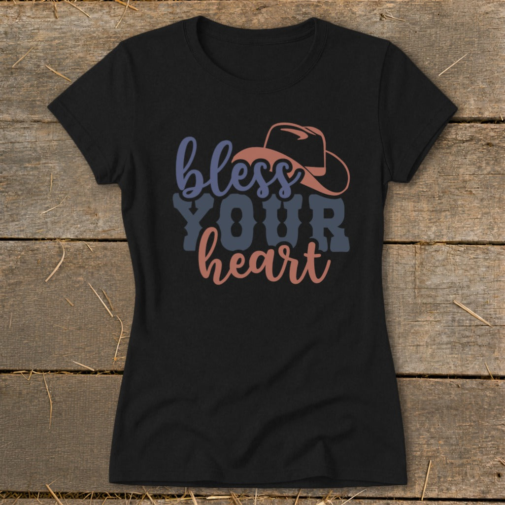 Black t-shirt with "bless YOUR heart" text and a cowboy hat graphic.