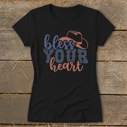 Black t-shirt with "bless YOUR heart" text and a cowboy hat graphic.