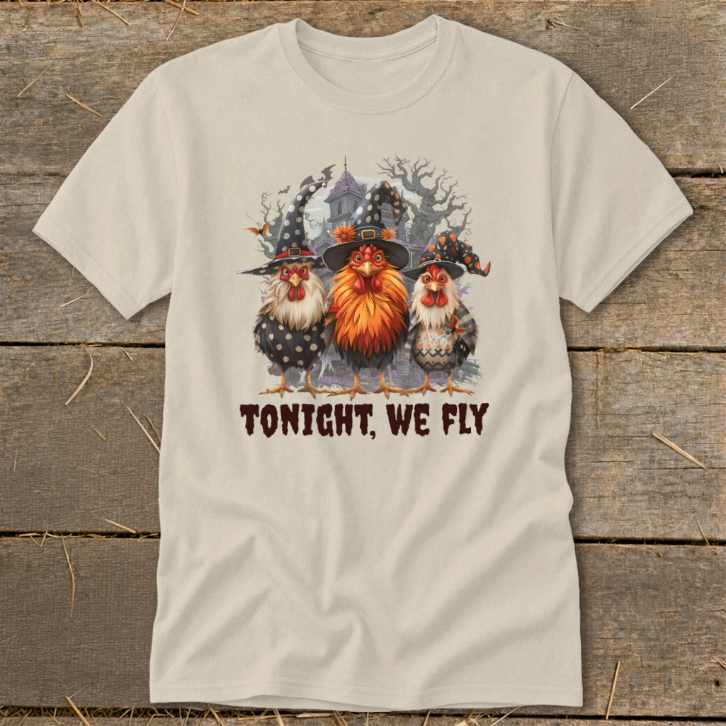 Three chickens in witch hats with text "TONIGHT, WE FLY".