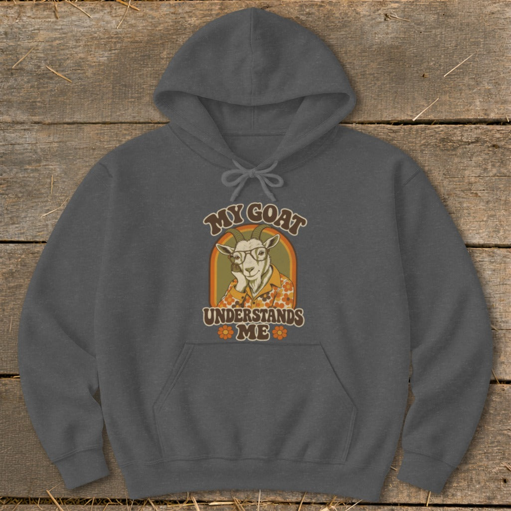 Dark gray hoodie with graphic of goat wearing glasses and text "MY GOAT UNDERSTANDS ME".