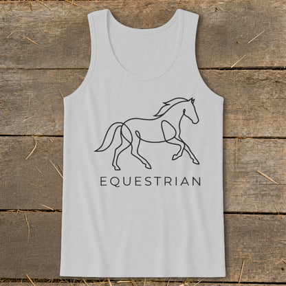 Light grey tank top with a black line drawing of a horse and the word EQUESTRIAN.