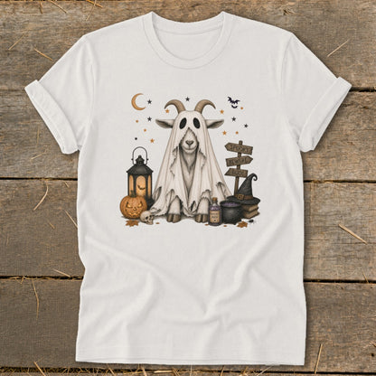White t-shirt with Halloween graphic of a goat in a ghost costume and spooky signs.