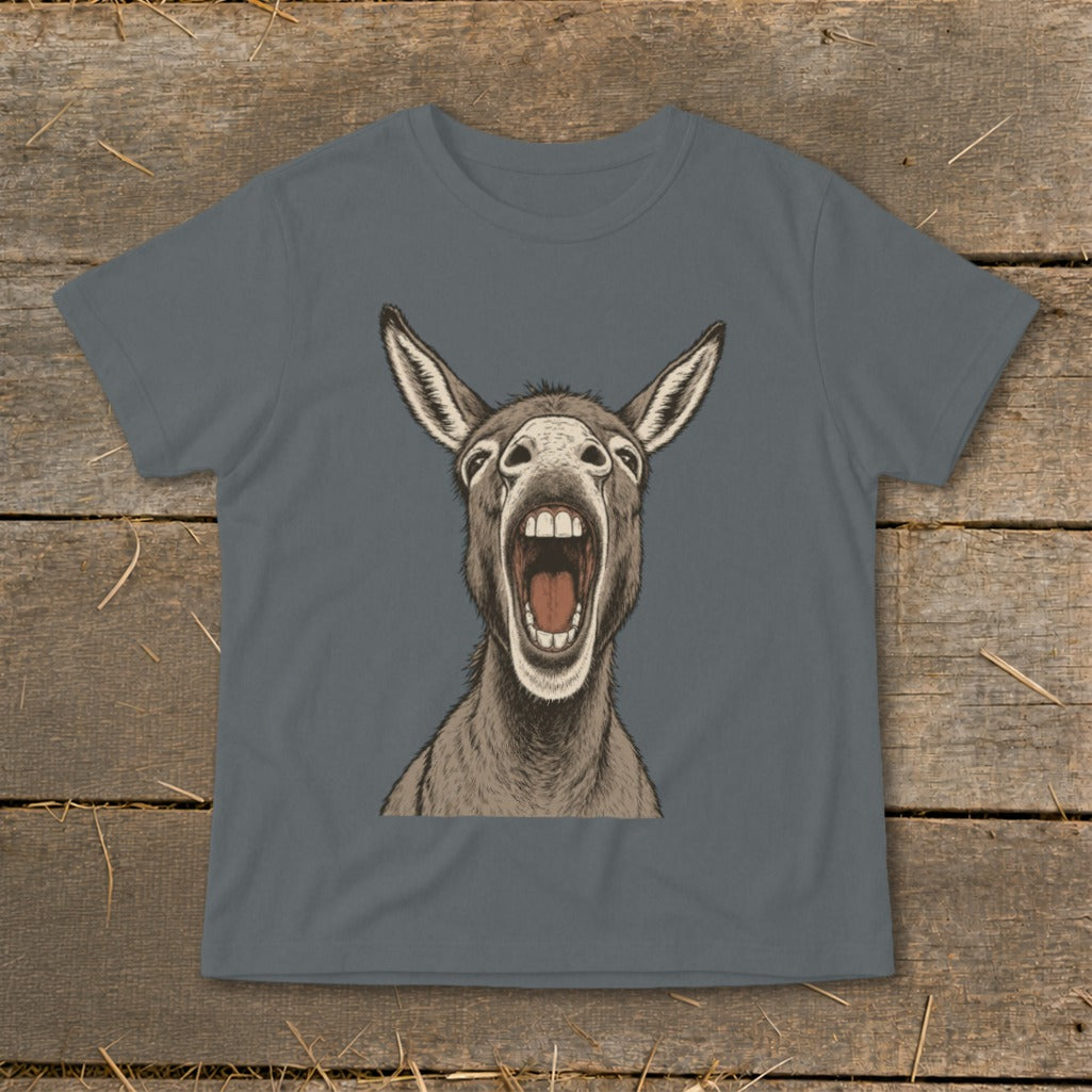 Grey t-shirt with a close-up illustration of a donkey's head with its mouth wide open.