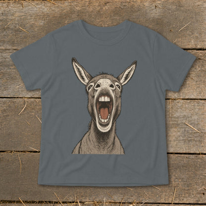 Grey t-shirt with a close-up illustration of a donkey's head with its mouth wide open.