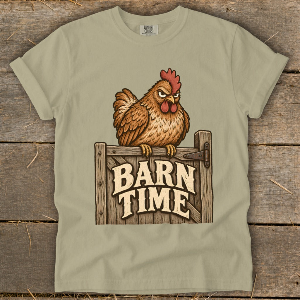 Brown chicken perched on wooden fence with "BARN TIME" text.