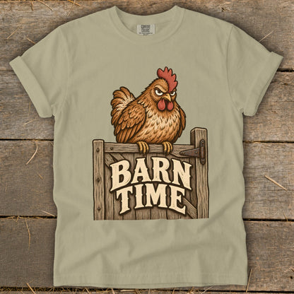 Brown chicken perched on wooden fence with "BARN TIME" text.