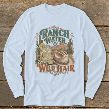 Long sleeve shirt with "Ranch Water & Wild Hair" graphic, desert scene, cowboy hat.