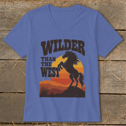 Blue v-neck t-shirt with "Wilder Than The West" text and a rearing horse silhouette.