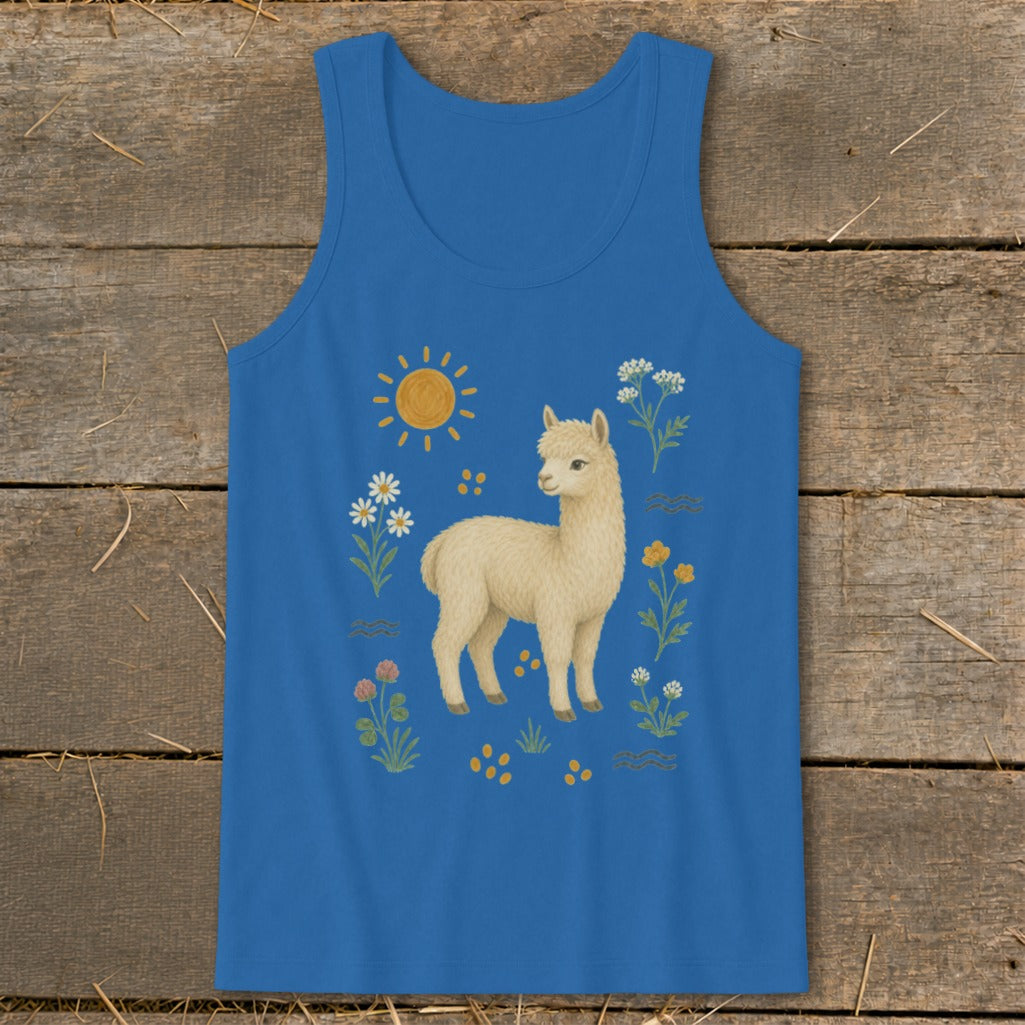 Blue tank top with cream alpaca, sun, and floral design.