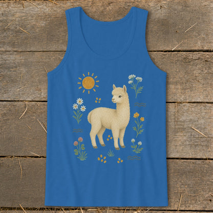 Blue tank top with cream alpaca, sun, and floral design.