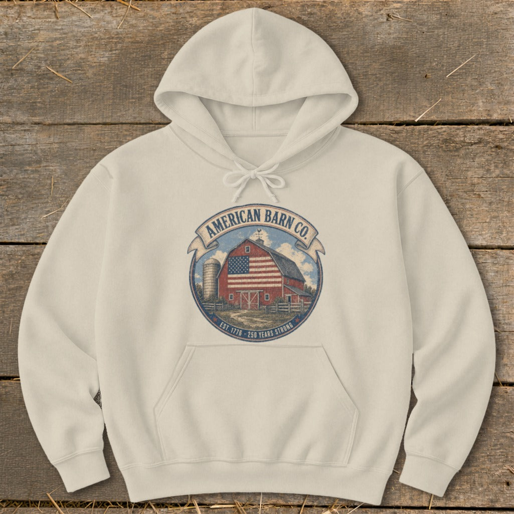 Cream hoodie with "American Barn Co. Est. 1776 - 250 Years Strong" circular logo.