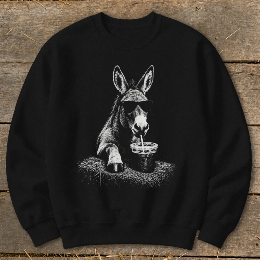 Black sweatshirt with a graphic of a donkey wearing sunglasses and drinking a beverage.
