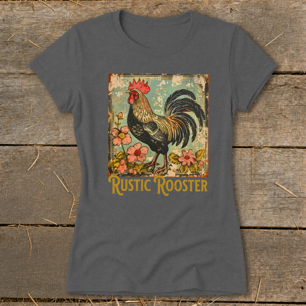 Rooster with flowers graphic on dark grey t-shirt, text reads "Rustic Rooster".
