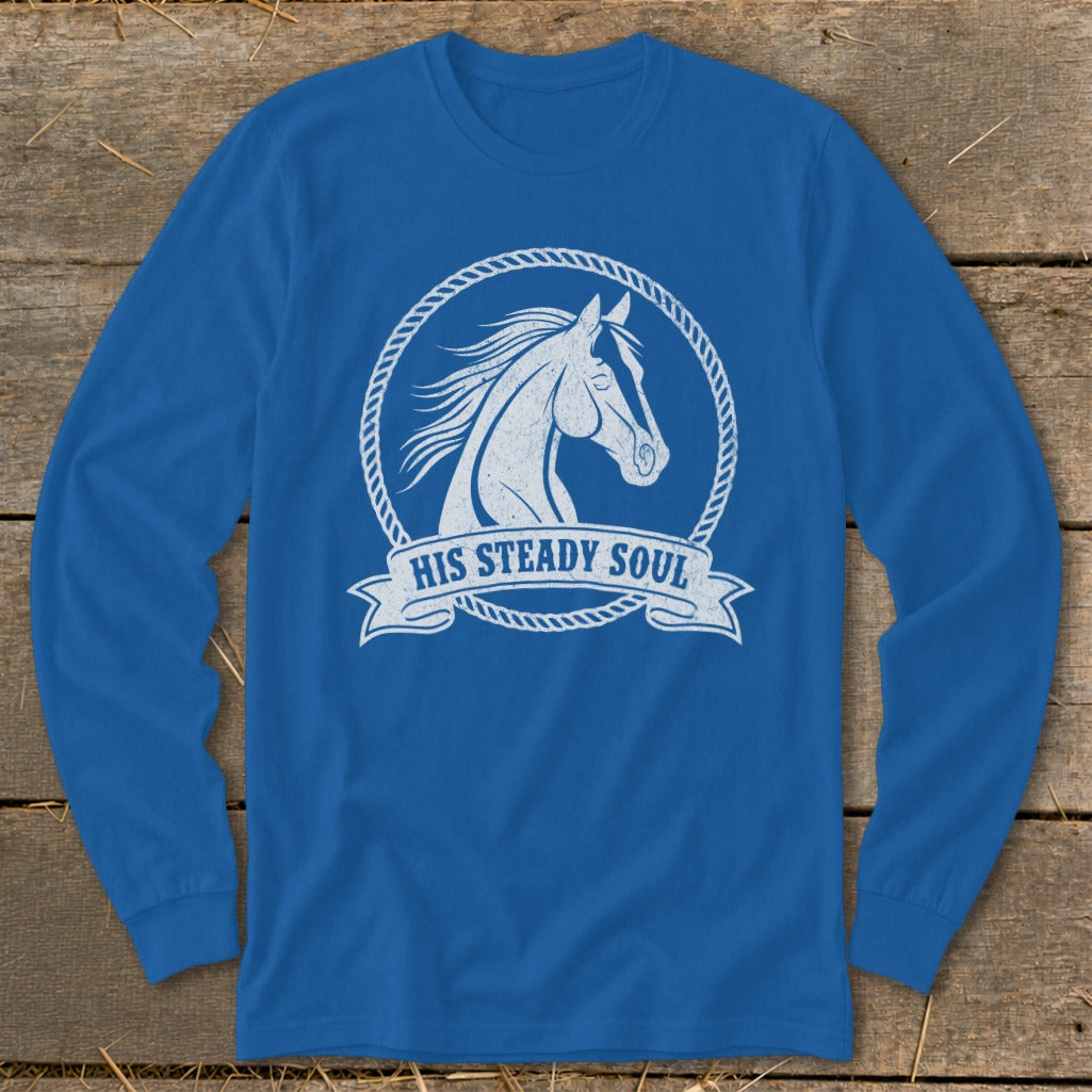 Blue long-sleeve shirt with white horse head graphic and text "HIS STEADY SOUL."
