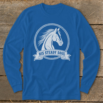 Blue long-sleeve shirt with white horse head graphic and text "HIS STEADY SOUL."