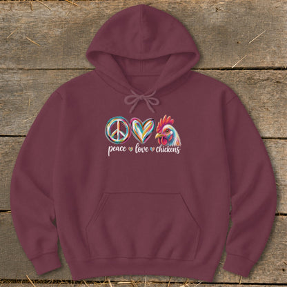 Maroon hoodie with peace, love, and chicken graphic and text.