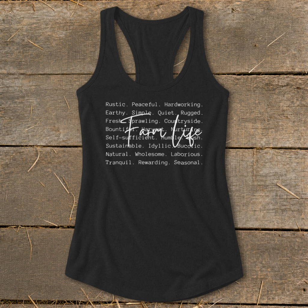 Black tank top with white text describing farm life.