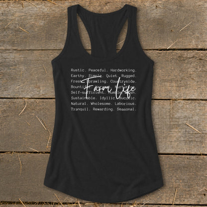 Black tank top with white text describing farm life.