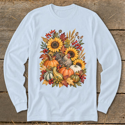Light blue long-sleeve shirt with a fall harvest graphic of sunflowers, pumpkins, gourds, and a chicken.