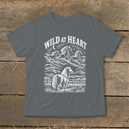 Grey t-shirt with "WILD AT HEART" text and horse graphic.