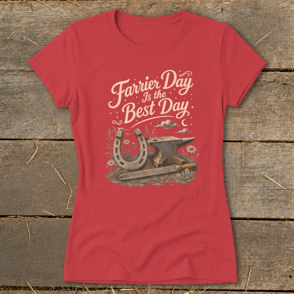 Red t-shirt with "Farrier Day Is the Best Day" text and horseshoe, anvil, rasp design.
