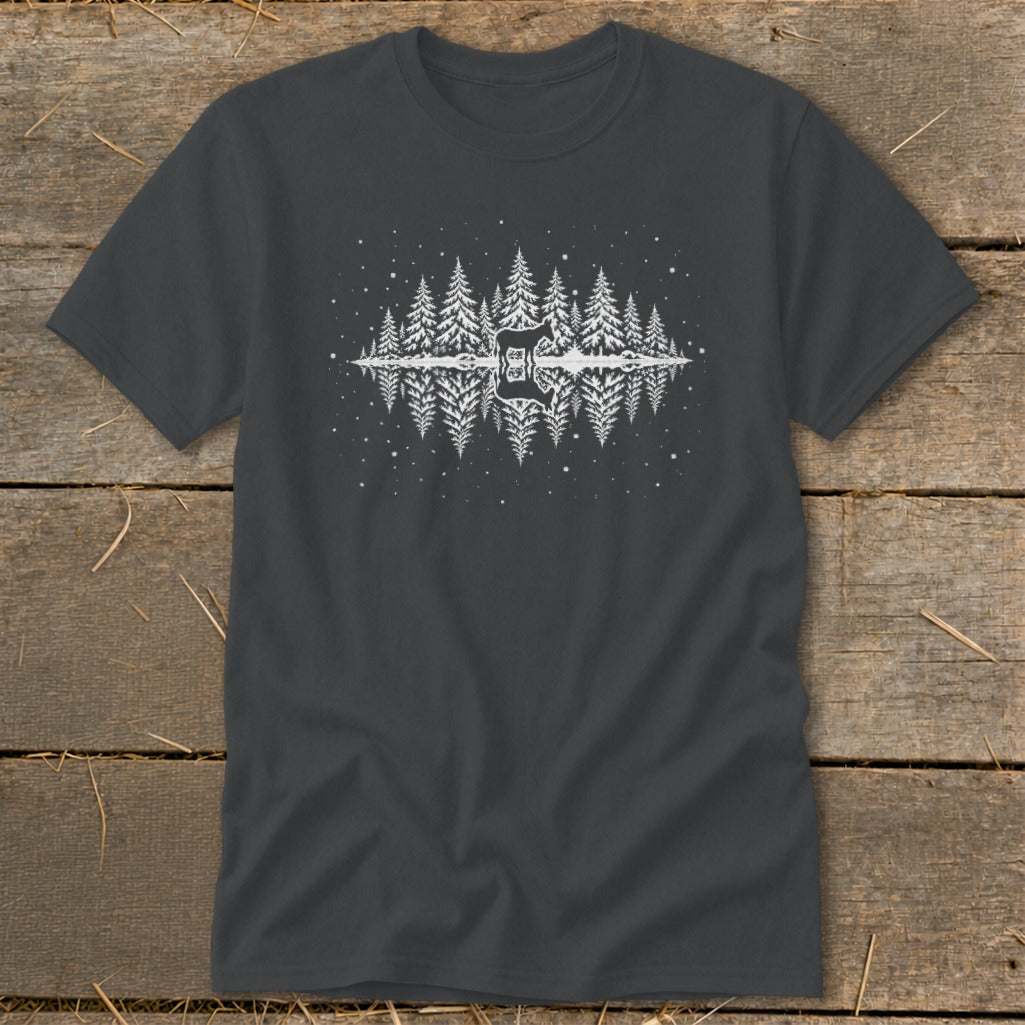 Dark gray t-shirt with white forest and guitar reflection graphic.