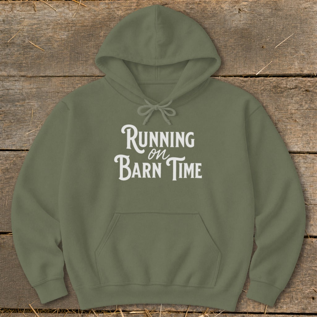 Olive green hoodie with "Running on Barn Time" text in white.