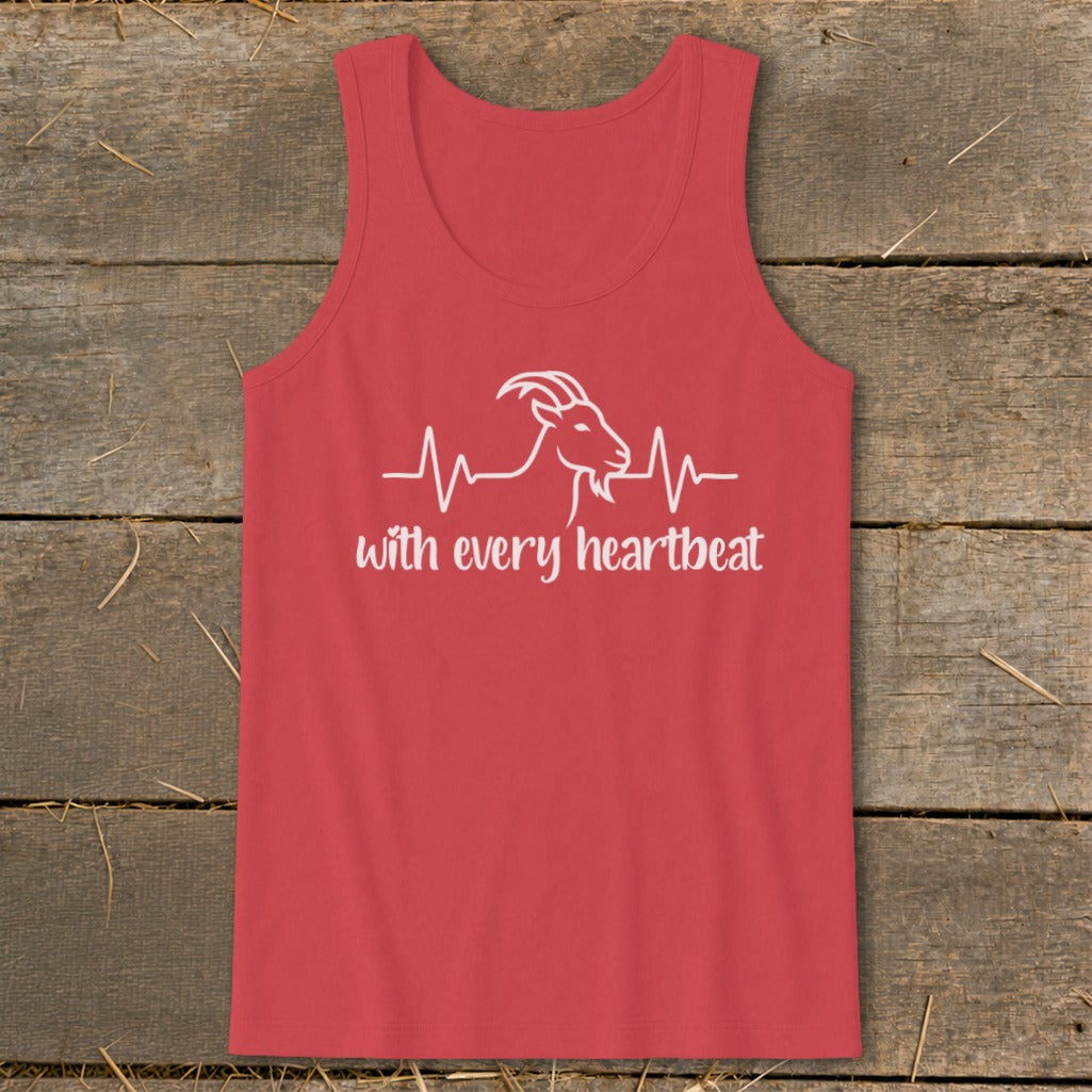 Red tank top with white goat silhouette and heartbeat line, text reads "with every heartbeat."
