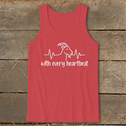 Red tank top with white goat silhouette and heartbeat line, text reads "with every heartbeat."