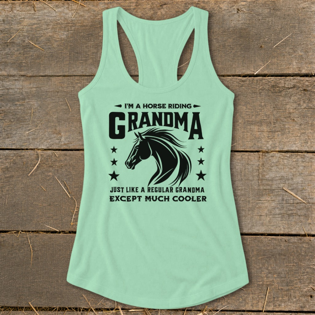 Mint green tank top with "I'm a horse riding grandma except much cooler" text and horse graphic.