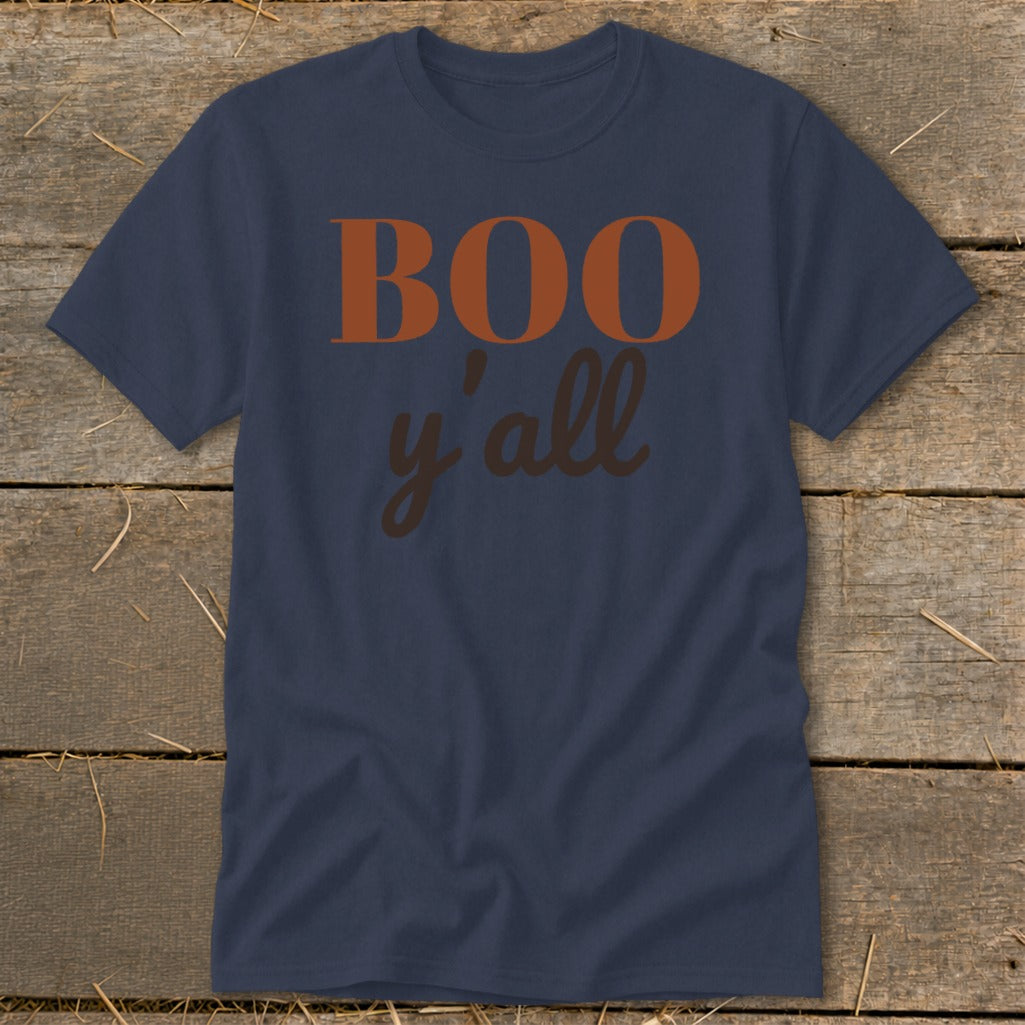 Navy t-shirt with orange "BOO" and brown "y'all" text.
