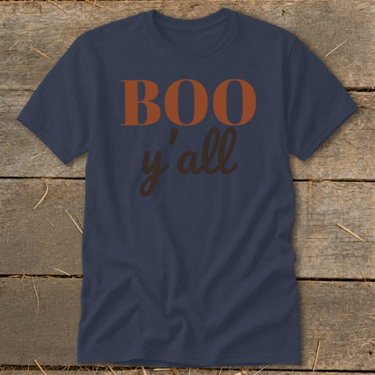 Navy t-shirt with orange "BOO" and brown "y'all" text.