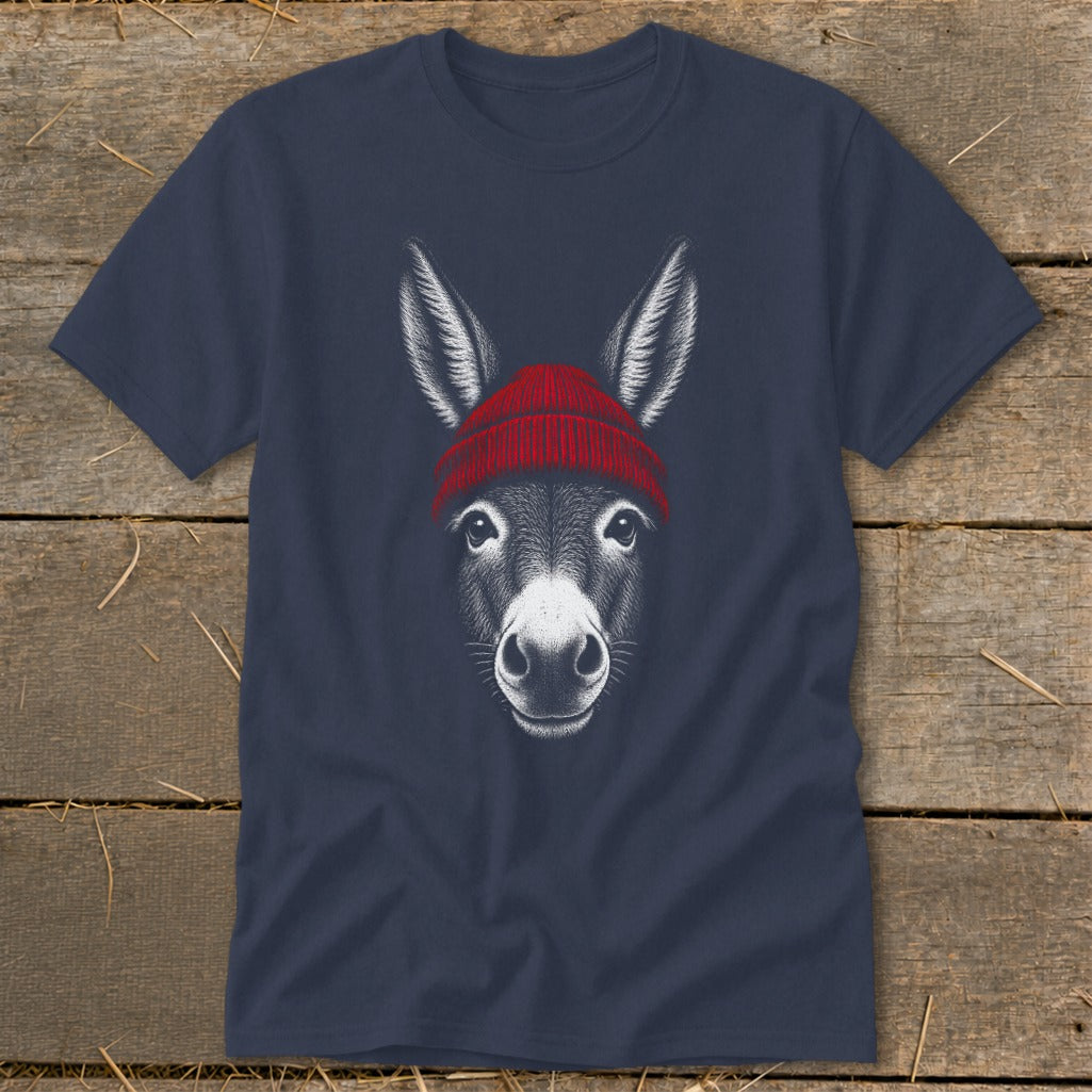 Navy blue crewneck t-shirt featuring a white line drawing of a donkey wearing a red beanie.