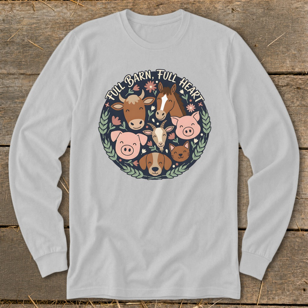 Light grey long-sleeve shirt with "Full Barn, Full Heart" and farm animals graphic.