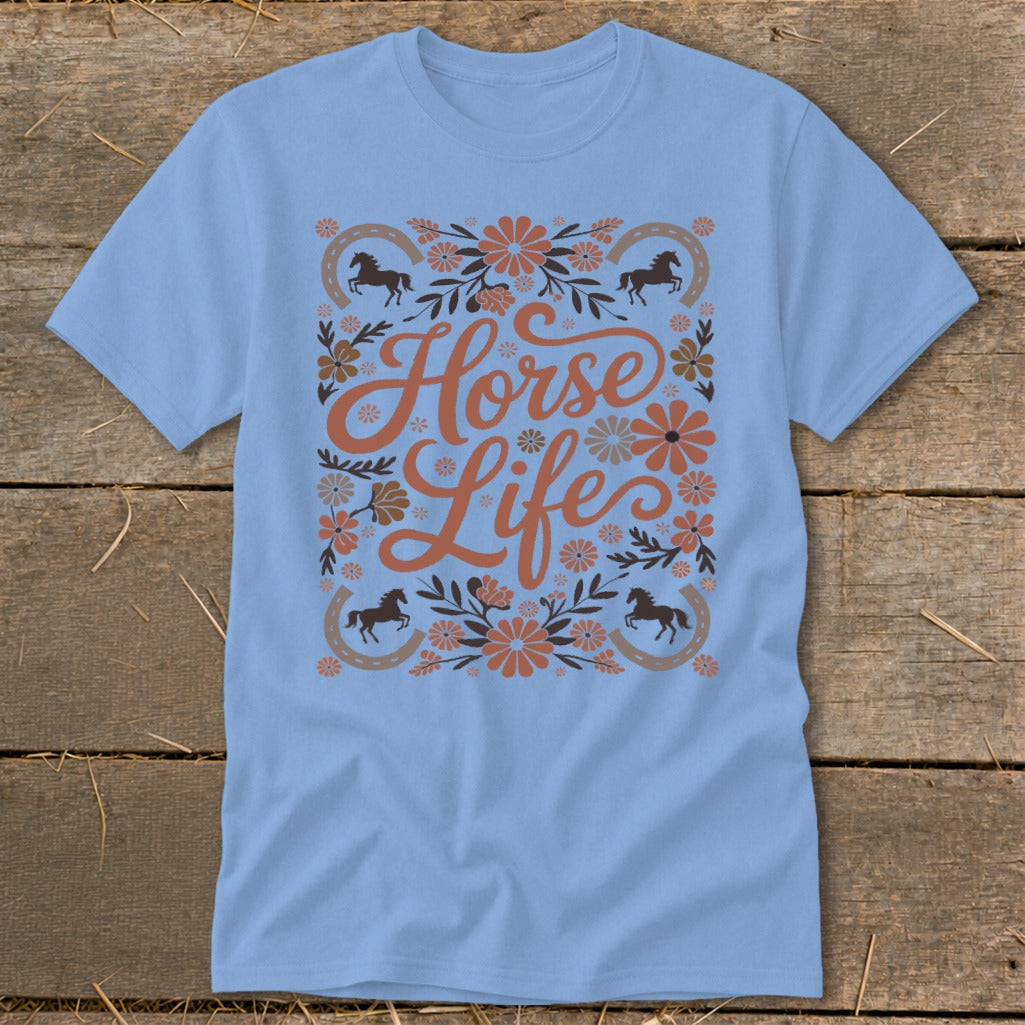 Light blue t-shirt with "Horse Life" text and equestrian motifs.