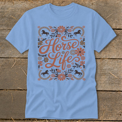 Light blue t-shirt with "Horse Life" text and equestrian motifs.