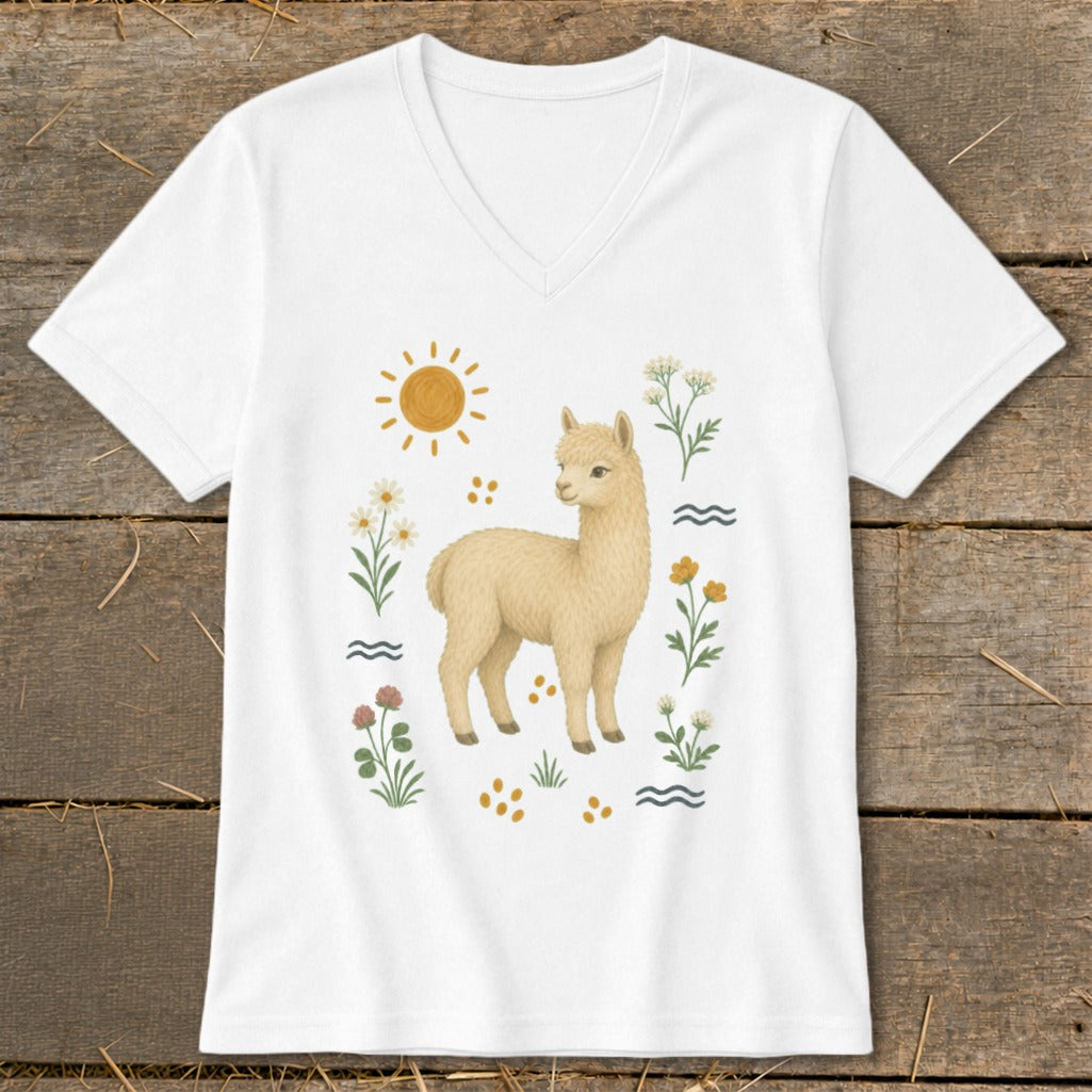 White v-neck t-shirt with a cream alpaca illustration surrounded by flowers and sun.