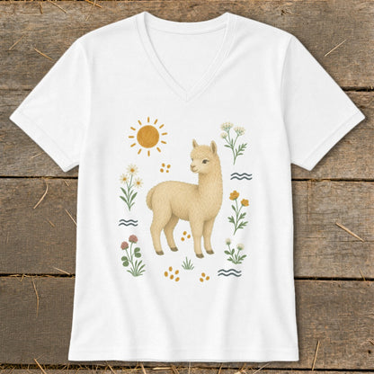 White v-neck t-shirt with a cream alpaca illustration surrounded by flowers and sun.