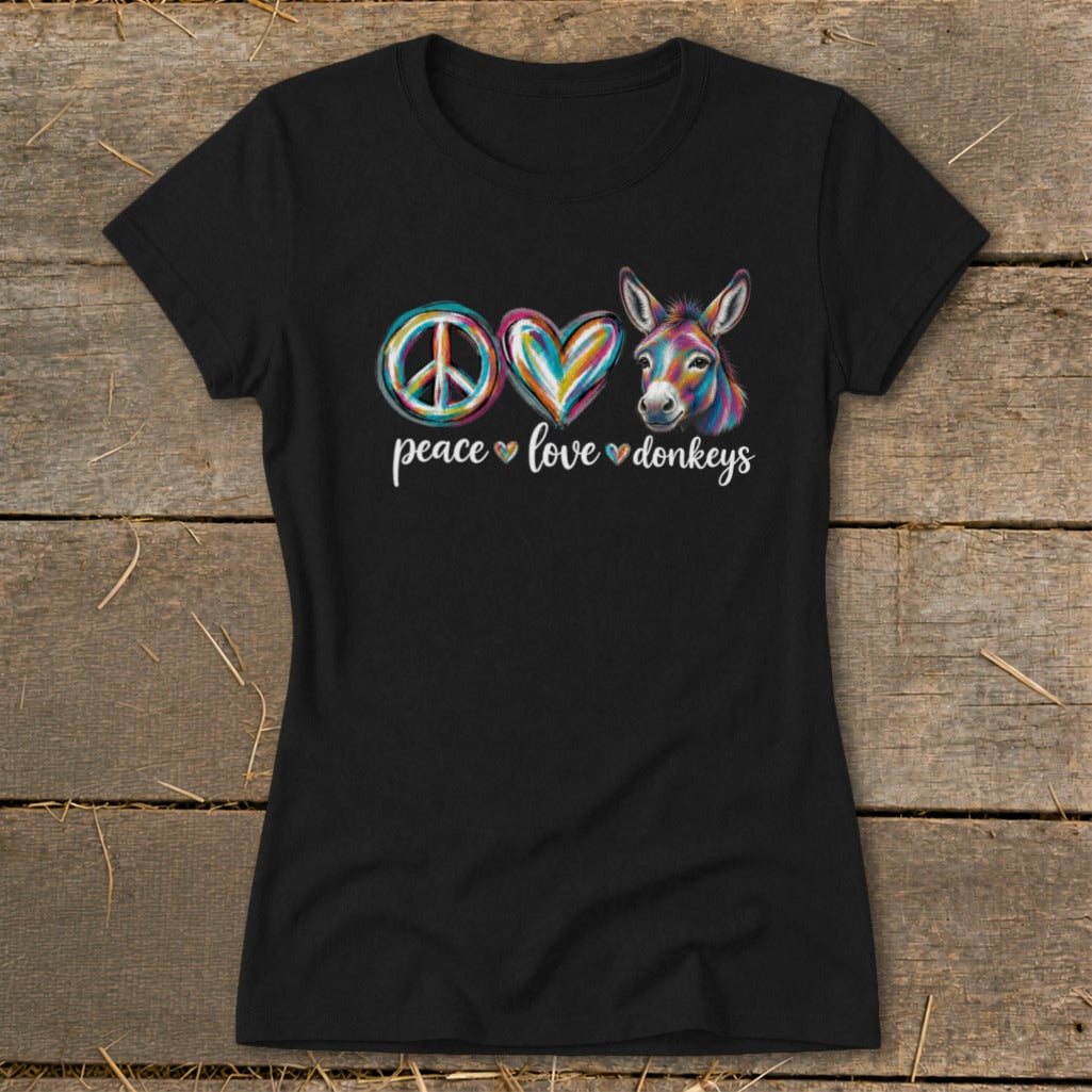 Black t-shirt with "peace love donkeys" text and a donkey graphic.